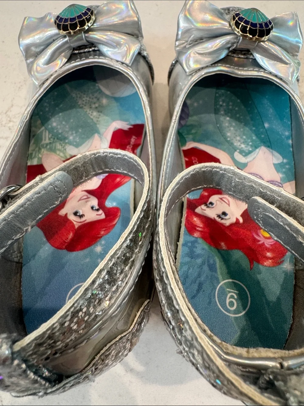 Disney Silver Glitter Ariel Mary Jane Shoes with Seashell Accent